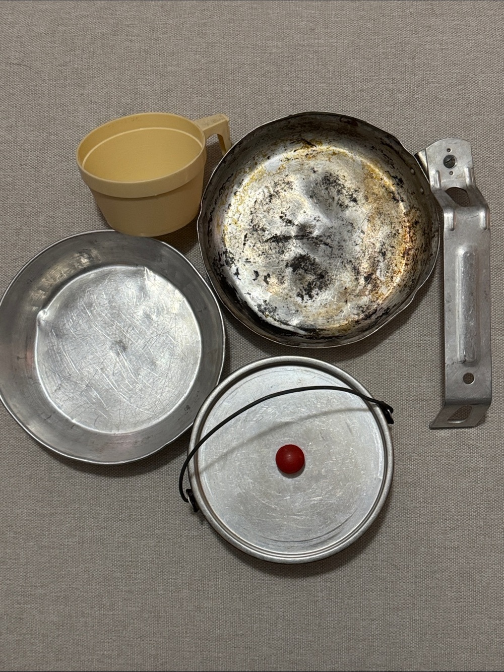 Used Mess Kit-Multi Piece Set-Pans Pots with Lid-Plastic Cup-Metal-Used-Marks